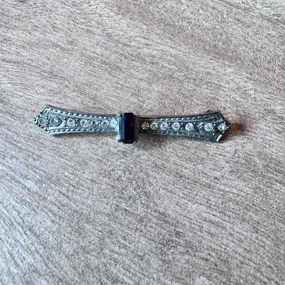 Art Deco Vintage Bar Brooch Purple Stone Silver Tone Untested Rhinestone Bar